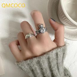 Cluster Rings QMCOCO Silver Colour LOVE Heart For Women Vintage Handmade Crown Herat-Shape Punk Hip-Hop Party Jewellery Gifts
