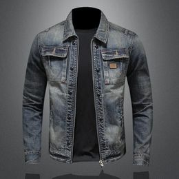 High Quality Fashion Trend Handsome Personality Zipper Motorcycle Denim Jacket Mens Lapel Trend Vintage Denim Jacket 240202