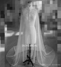 Romantic Lace High Neck Long Bridal Wrap Wedding Shoulder Veil Cloaks Factory Custom Make Mantle Bolero with Covered Buttons Real 5878413