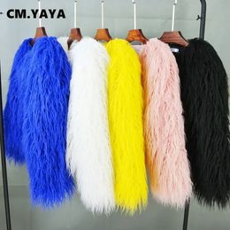 CM.YAYA Solid Faux Fur Coats for Women Full Sleeve O-neck Open Stitch Covered Button Fur Jackets Winter Autumn Warm Fashion 240125