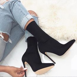 Women 75cm 10cm High Heels Silk Sock Boots Green Low Heels Short Ankle Boots Lady Stripper Winter Pointed Toe Satin Sexy Shoes 240129