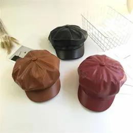 Berets Octagonal Sboy Hat Fashion PU Leather Peaked Cap Casual Autumn Winter Beret Ladies Women Girls