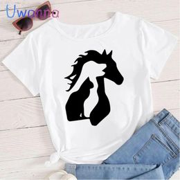 Women's T Shirts Dog Cat And Horse Black T-shirts Top Hop Funny Hipster Shirt Women Streetwear Vintage Kawaii Tshirt Cool