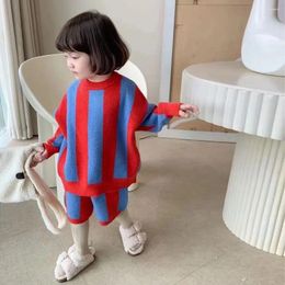 Clothing Sets Children 2024 Apring Autumn Girls Knit Suit Fashionable Agaric Collar Velvet Coat Shorts Two Piece Kids Clothes