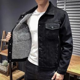 Male Jean Coats with Sheep Padding Men's Denim Jacket Wide Sleeves Black Padded Wool Warm Winter Outerwear Aesthetic Clothing G 240124