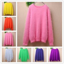 Women's Sweaters 04 Ladies Women Fall Winter Clothing Hairy Soft Angora Hair Hand Knitted O-Neck Slim Blouses Pullover Jumper Sweater