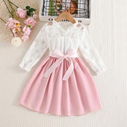 Girl Dresses Dress For Kids Girls 4-8 Years Stylish White Lace Splicing Stand Collar Long-Sleeved Children Princess
