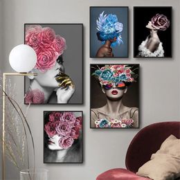 Nordic Style Home Decor Print Poster Wall Art Picture Flower On The Head With Gold Women Oil Painting Canvas For Living Room 240129