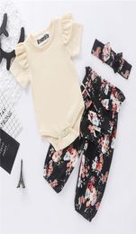 Newborn Infant Toddler Baby Girls Summer Cute Cotton Short Sleeve Solid Tops Romper Floral Pants 3Pcs Outfits Set Clothes2028301