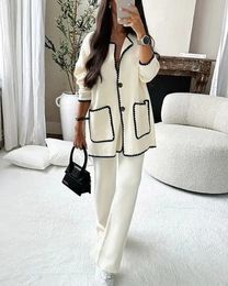 Women Elegant 2 Piece Set Contrast Colour Patchwork Long Sleeve Jacket Wide Pants Suits Winter Chic Casual Office Lady Outerwear 240122