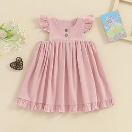 Girl Dresses Toddler Cotton Linen Dress Solid Colour Flying Sleeve Round Neck Button Decor A-Line