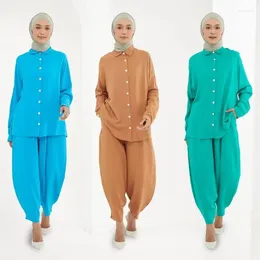 Ethnic Clothing Turkey Abaya Dubai Arabic Fashion Outfits Middle East Casual Loose Sets 2 Pieces Muslim Women Long Sleeve Buttons Blouse