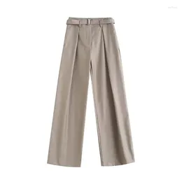 Women's Pants 2024 Chic Fashion Casual 100-pair Belt Wide-leg Retro High Waist Side Pocket Trousers Mujer