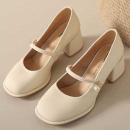 Dress Shoess French Mary Jane Shoes Women's White Autumn New Fashionable High Heels Not Tiring Feet Thick and Elegant Singles