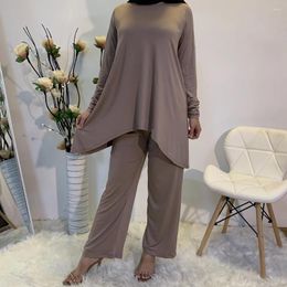 Ethnic Clothing Muslim Women Long Sleeve Tops Pants Two Pieces Set Casual Solid Color Outfits Tracksuit Dubai Turkey Blouse Trousers Abaya