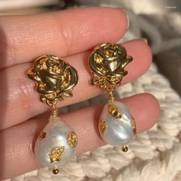 Stud Earrings French Gold Colour Baroque Pearl Flower Foil For Women Girls Metal Vintage Texture Elegant Party Jewellery Gifts