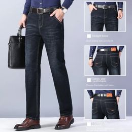 Jeans mens summer ultrathin ice silk middleaged high waisted loose straight tube elastic long pants men 240226