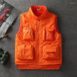 Men's Vests 2024 Multi-pocket Techwear Style Hip Hop Winter Cargo Vest Men Women Outdoor Casual Pography Warm Padded Waistcoat Orange Red