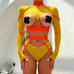 Bras Sets Sensual Lingerie Costume Sexy Transparent Bra Porn Underwear Long Sleeve Women Body Without Uncensored Lace Bandage Garters Set