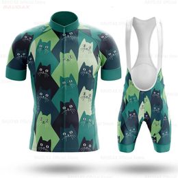 2023 Mens Cycling Clothes Funny Cartoon Cat Summer Short Sleeve Jersey Set Breathable Quick Dry Sportswear Bike Uniform 240131