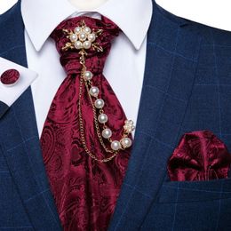 Mens Premium Silk Ascot Tie Brooch Pin Set Classic Vintage Red Male Necktie Set for Wedding Formal Dress Suit Vest Accessories 240202