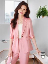 Women's Suits Pink Blazer For Women Chic And Elegant Ladies Suit White Half Sleeve Stylish Jacket Spring Summer Collection 2024