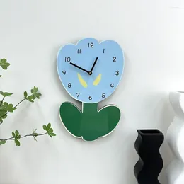 Wall Clocks Blue Tulip Clock Fashion Light Luxury Flower Decoration Silent Creative