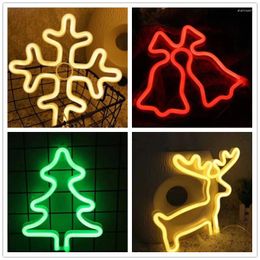 Night Lights Christmas Neon Light Hanging Tree Decoration Bells Elk Snowflake Sign Gift For Children USB Battery Powered