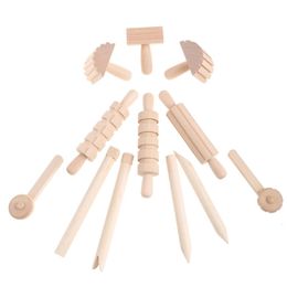 12pcsset Children DIY Plasticine Modeling Clay Plastic Auxiliary Wooden Tool Plasticene Assist Kit Kids Gift 240124