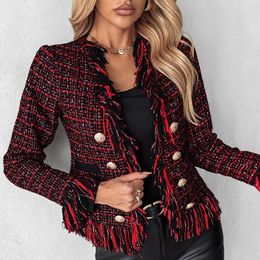 Women's Jackets Tassel Button Coat Women Tweed Coats Cardigan Splice Autumn V Neck Work Straight Elegant Spring 2024 Y2k Tops