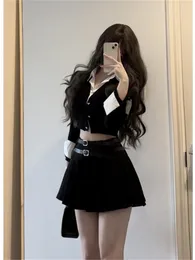 Clothing Sets Korean Style Girls Slim V-neck Black JK Uniform Set Daily Women Spring Autumn Knit Top Sexy Blouse Belt Pleated Skirt Full