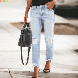 2023 Summer Ripped Jeans Women's Fashion Casual Trousers Blue and Black Girl Denim Pants 240118