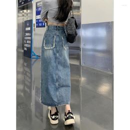 Skirts 2024 Women Slim Denim Midi Long Korean Fashion Split Vintage High Waist Autumn Causal Summer Elegant A-Line Q534