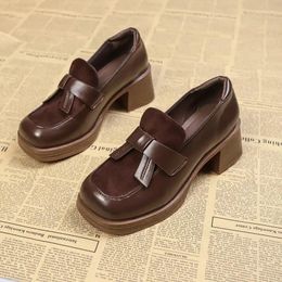 Dress Shoes For Women 2024 Retro British Style Thick High Heels Loafers Platform Leather