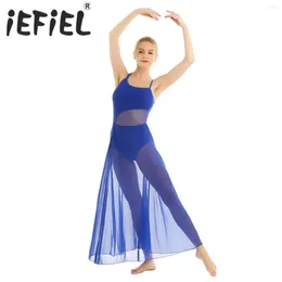 Stage Wear Womens Adult Sleeveless Asymmetrical Mesh Ballet Lyrical Maxi Dance Dress With Built-In Leotard Jazz Rumba Waltz Tango Costumes