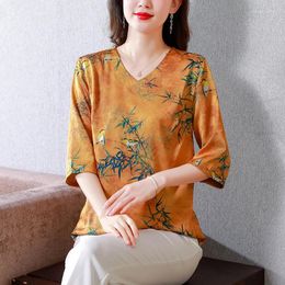 Women's Blouses Fashion Imitation Mulberry Silk Bamboo Printed Blouse For Women 2024 Summer Female O-neck Short Sleeve Casual Shirt