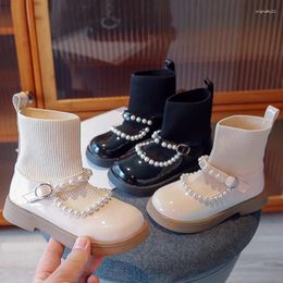 Boots Kids Girls' Knitted Splicing Leather Shoes Children Autumn Fashion Pearl Child Socks Beading