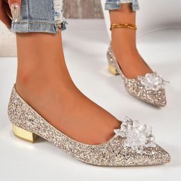 Size 42 Plus Low 76 Heels Wedding Women Crystal Flower Gold Party Shoes Woman Slip On Thick Heeled Pumps 240125