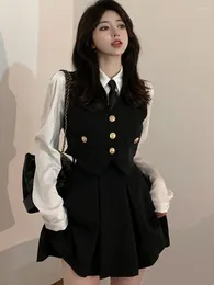 Work Dresses Korean College V-neck Vest Shirt Pleated Skirt Three Piece Set Women Fashion Temperament Single Breasted Solid Slim Autumn Suit