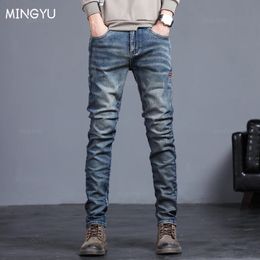 Autumn Winter Mens Jeans Vintage Blue Solid Colour Elastic Classic Jeans Men Slim Fashion Denim Trousers Male 27-38 240130