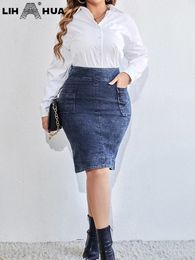 LIH HUA Plus Size Casual Skirt Women's Plus Elastic High Rise Knee Length Pleated Slim Fit Skirt With Pockets 240131