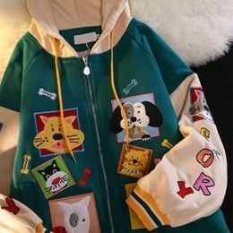 Women's Hoodies 2024 Colour Block Vintage Cute Cartoon Print Zip Up Women Kawaii Spring Clothes Sweatshirt Jackets Coats Oversized Teens