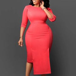 Elegant Bodycon Dresses for Women Round Neck Full Sleeve Sheath Package Hips Mid Calf Professional Business Work Dress Midi Robe 240126