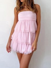 Casual Dresses Women Strapless Tube Mini Dress Mesh Tiered Birthday Fairy Tulle Prom Ruffle Party