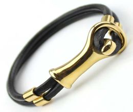 Fashion black leather bracelets bangle with stainless steel plate yellow gold Colour for men fit wrist perimter 165185cm5142943