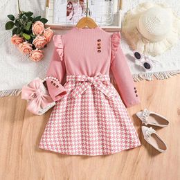 Girl Dresses Spring Autumn Dress Kids Girls 4-7 Years Little Girl's Pink Knit Patchwork Plaid Preppy Style Sweet Casual Clothes