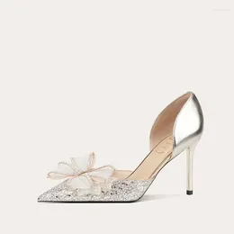 Dress Shoes Women's Wedding Bridal High Heels Bowknot Rhinestone Dusty Glitter Pointed Toe Pumps