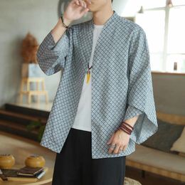 Ethnic Clothing Gray Pliad Kimono Cardigan Men's Haori Causal Samurai Traditional Streetwear Jacket Mens Shirt Yukata 5XL