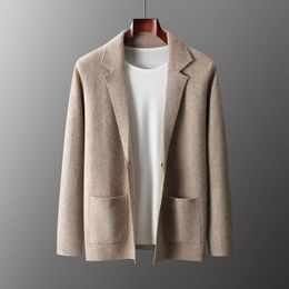 100% Merino Wool Mens Suit Collar Knitted Cardigan Autumn Winter Thickened Solid Colour Suit Shirt Cashmere Jacket Sweater 240202