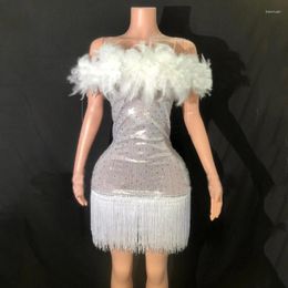 Stage Wear Shiny Silver Rhinestones Fringed Dress White Feather Evening Women Birthday Celebrate Outfit Show Costume XS6558